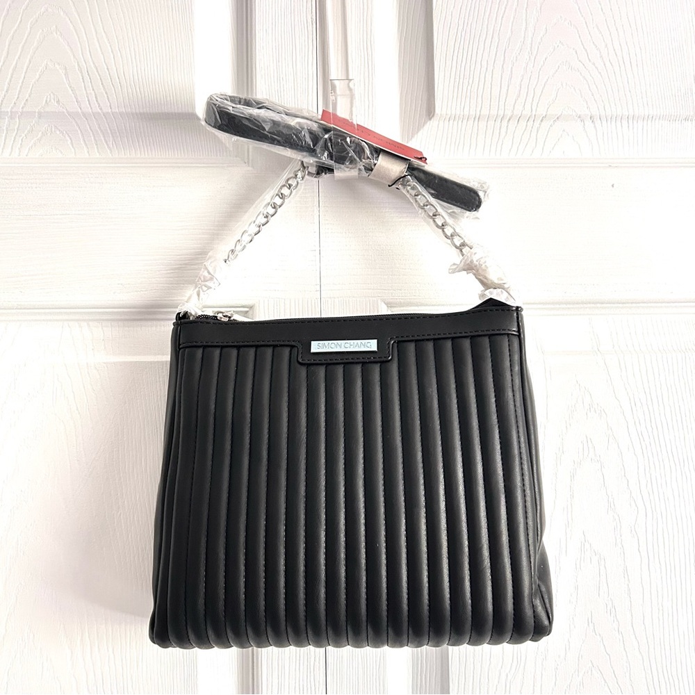 Simon Chang Black Pleated Crossbody Bag with Silver Chain